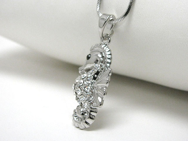 Made in korea whitegold plating crystal stud seahorse pendant necklace