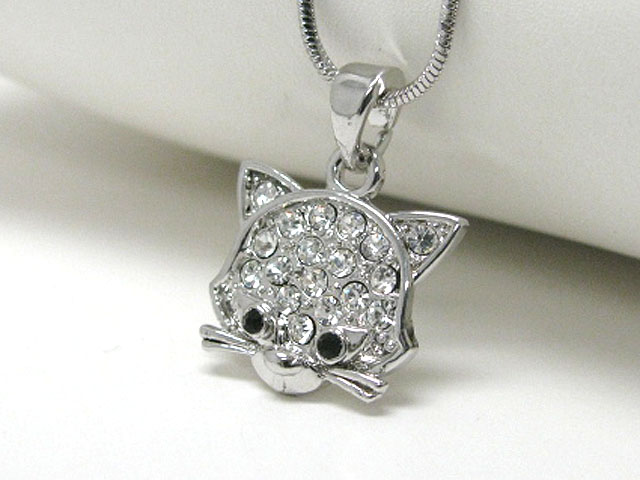 Made in korea whitegold plating crystal stud flat cat head pendant necklace