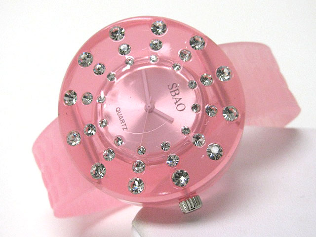 Crystal stud acryl round rubber band watch