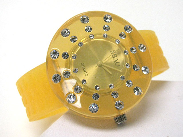 Crystal stud acryl round rubber band watch