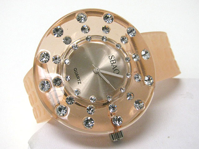 Crystal stud acryl round rubber band watch