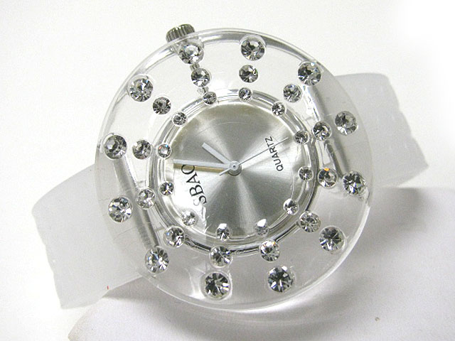 Crystal stud acryl round rubber band watch