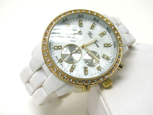 Crystal stud mop back round face acryl band boy friend watch