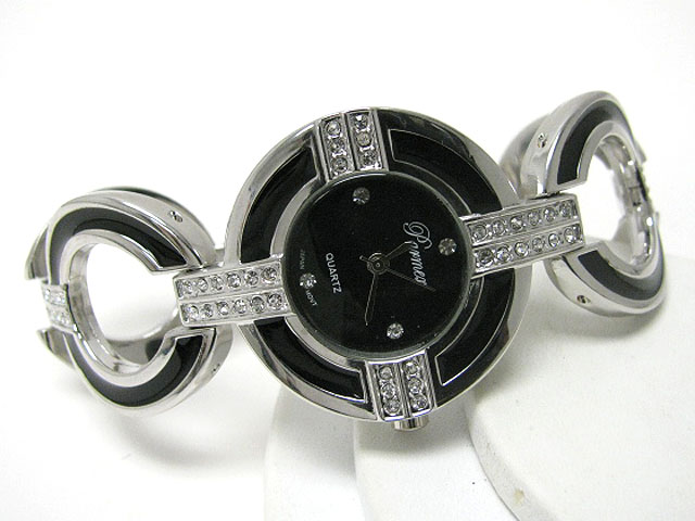 Designer style crystal and enamel deco round metal link watch