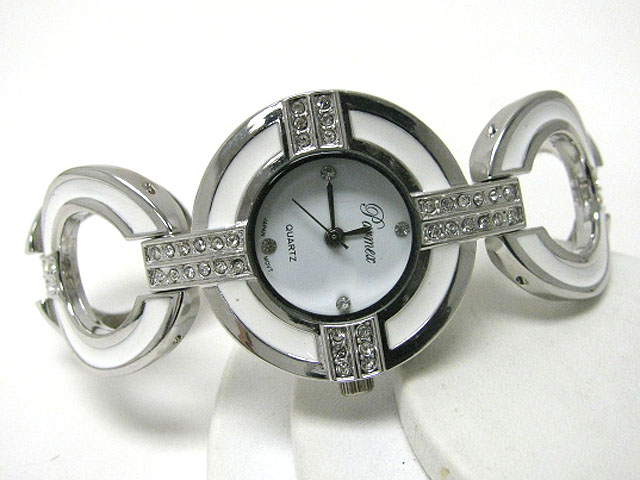 Designer style crystal and enamel deco round metal link watch