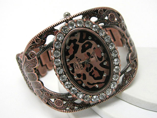 Crystal stud animal print face metal cuff and band watch