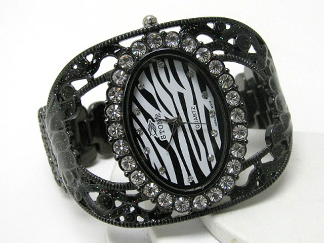 Crystal stud animal print face metal cuff and band watch