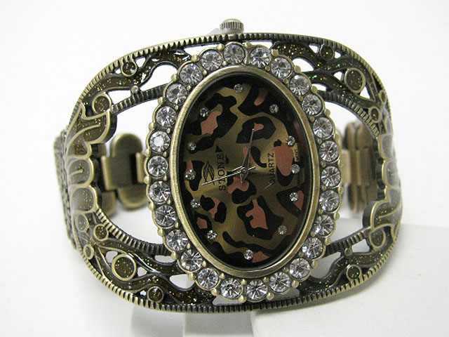 Crystal stud animal print face metal cuff and band watch