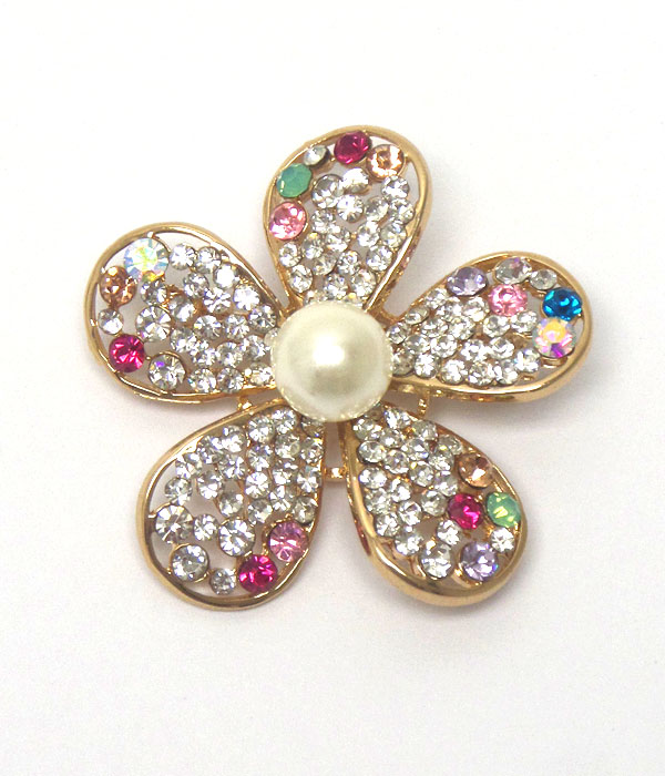 Crystal and center pearl flower brooch or pin