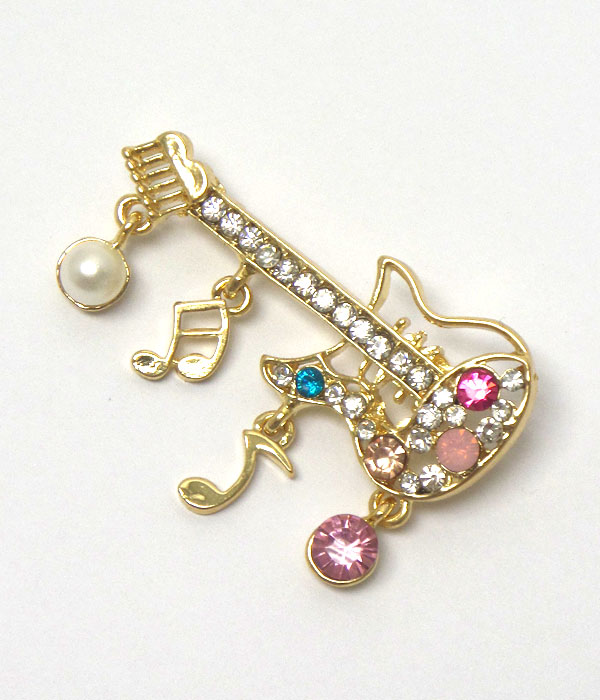 Crystal and music note drop guitar brooch or pin