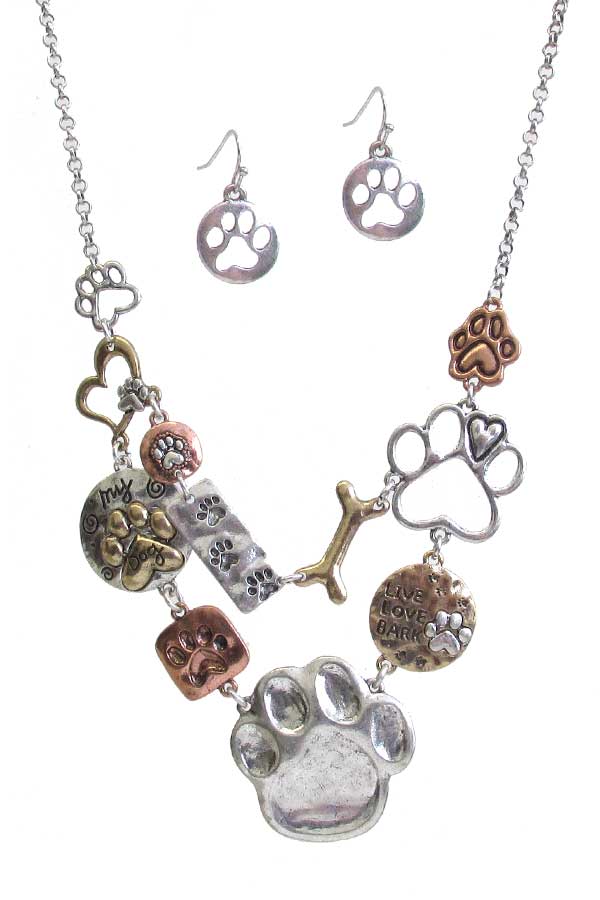 PET LOVERS THEME MULTI CHARM LINK CHUNKY STATEMENT NECKLACE SET - PAW
