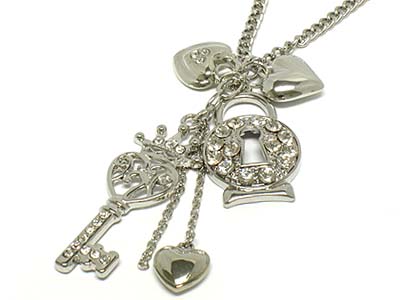 Crystal key lock and crown pendant necklace 