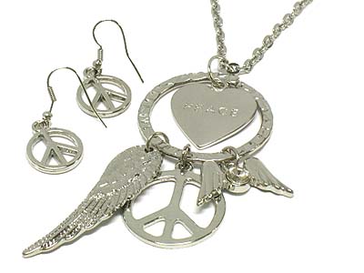 Peace pendant with cahrms like wing and heart necklace and earring set 