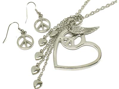 Peace heart pendant with heart and wing charms necklace and earring set