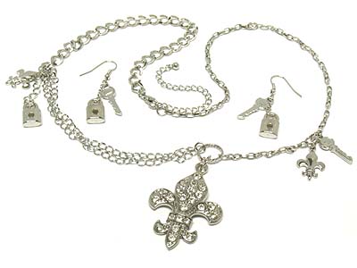 Crystal fleur de lis pendant and lock and key charms necklace and earring set