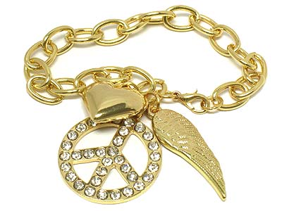 Crystal peace and wing and heart bracelet