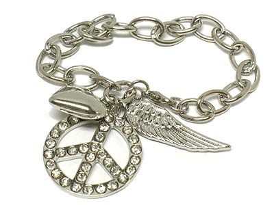 Crystal peace and wing and heart bracelet