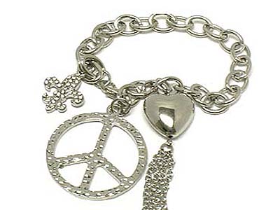 Peace and crystal fleur de lis and heart with multi dangles bracelet 