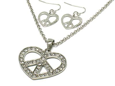 Crystal peace x heart pendant necklace and earring set