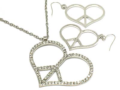 Crystal large peace x heart pendant necklace and earring set 