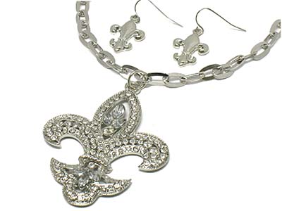 Crystal deco fleur de lis pendant chain necklace and earring set