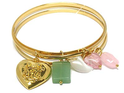 Metal heart and glass charms triple bangle bracelet