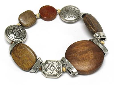 Multi wood round disk and casting metal stretch bracelet