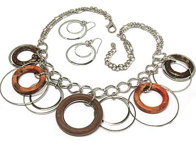 Multi wood and metal donut large chain double strands necklace and earring set