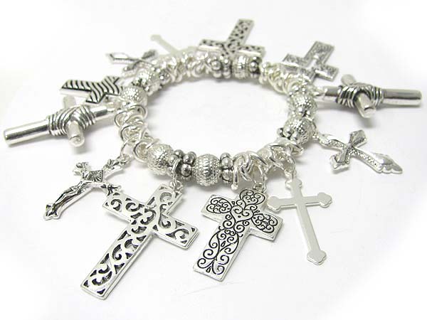 Multi mixed textured metal cross charm dangle stretch bracelet