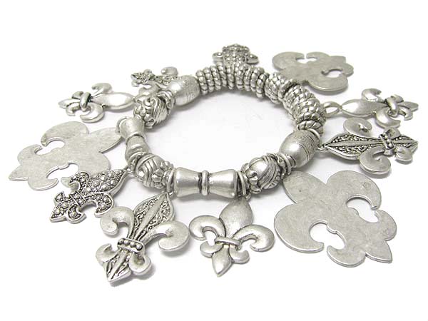 Multi mixed textured metal fleur de lis charm dangle stretch bracelet