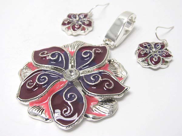 Crystal and metal epoxy flower pendant and earring set