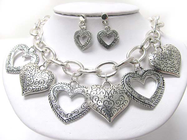 Multi mixed textured metal heart charm dangle necklace earring setbracelet