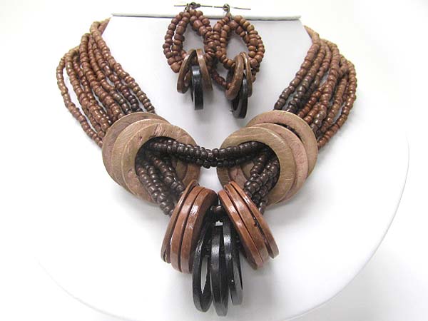 Ethnic style wooded disk and beads link necklace earring set