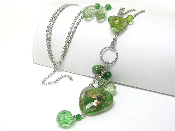 Dual murano heart long necklace earring set