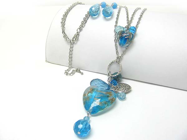 Dual murano heart long necklace earring set