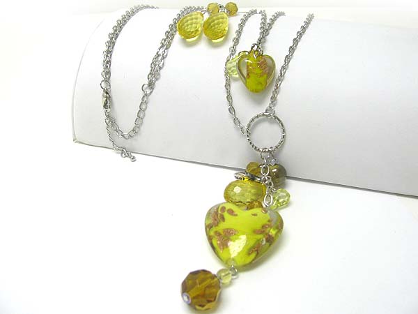 Dual murano heart long necklace earring set