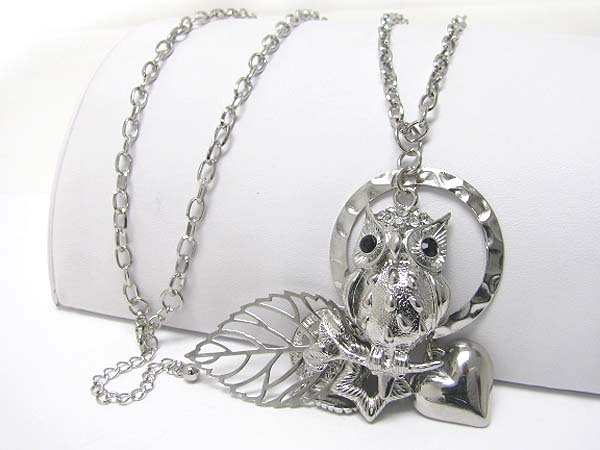 Crystal stud owl pendant and mixed charm dangle long necklace