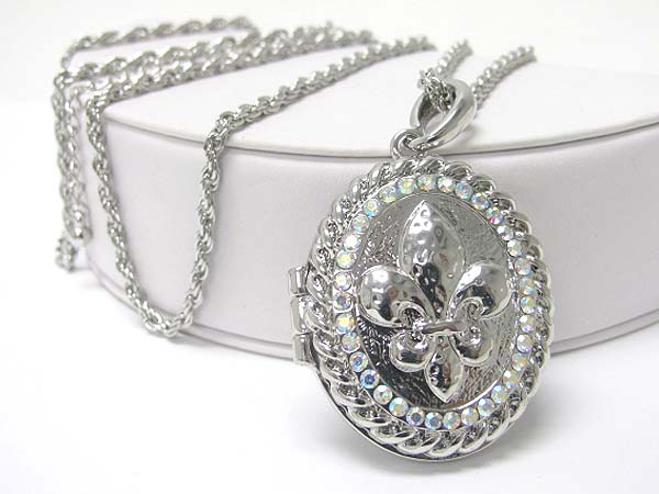 Crystal deco fleur de lis locket charm long necklace?