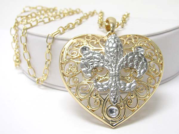 Crystal deco fleur de lis heart charm long necklace?