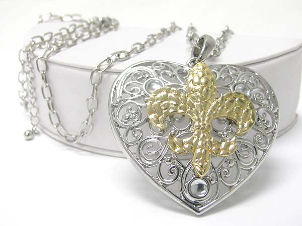 Crystal deco fleur de lis heart charm long necklace?