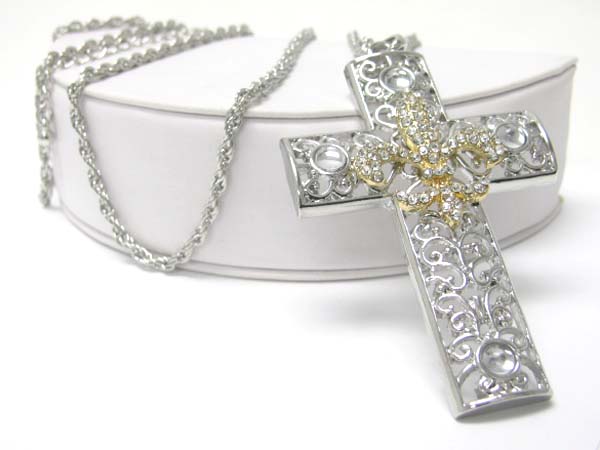 Crystal deco fleur de lis cross charm long necklace?