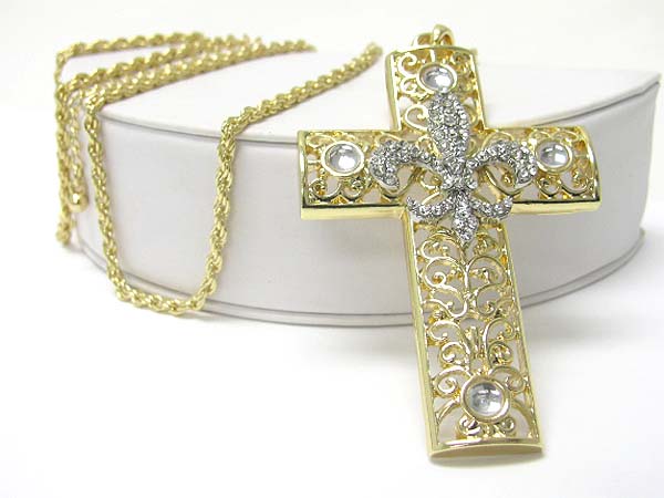 Crystal deco fleur de lis cross charm long necklace?