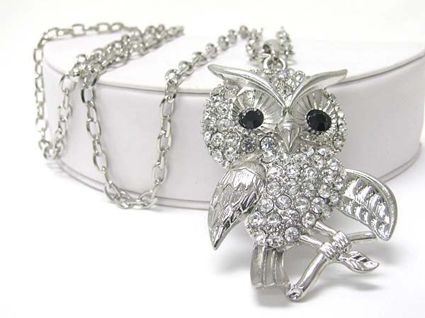 Crystal stud owl pendant long necklace