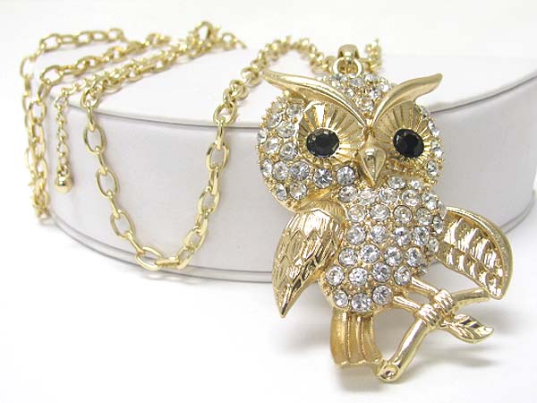 Crystal stud owl pendant long necklace