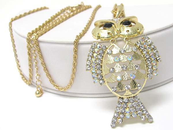 Crystal stud owl pendant long necklace