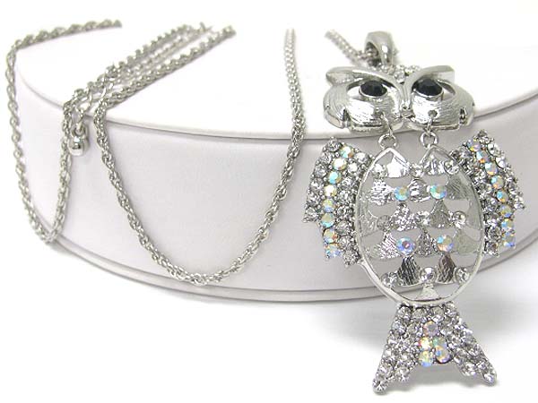 Crystal stud owl pendant long necklace