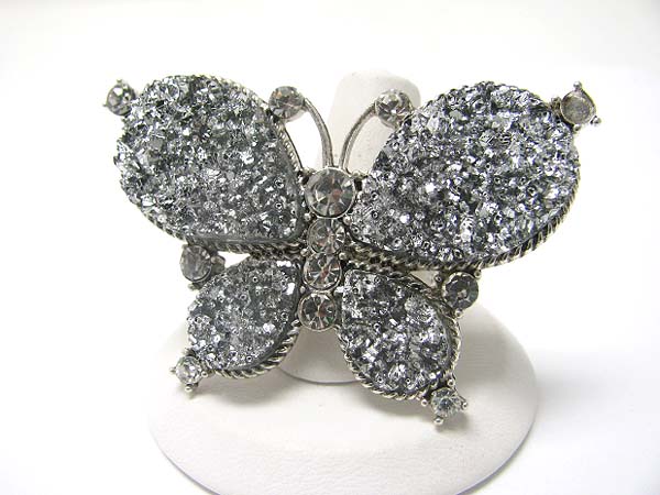 Crystal stud natural look rough face butterfly stretch ring