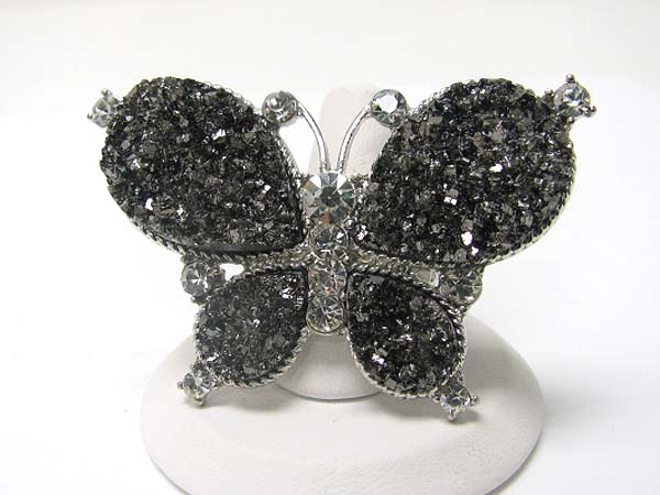 Crystal stud natural look rough face butterfly stretch ring 