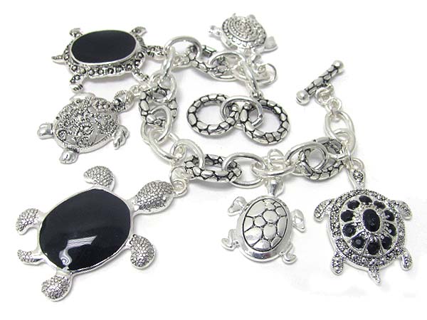 Crystal deco marcasite look multi turtle charm dangle toggle bracelet