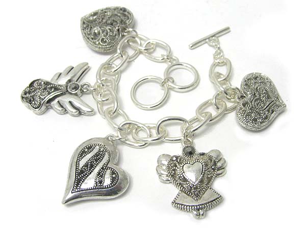 Crystal deco marcasite look multi heart charm dangle toggle bracelet